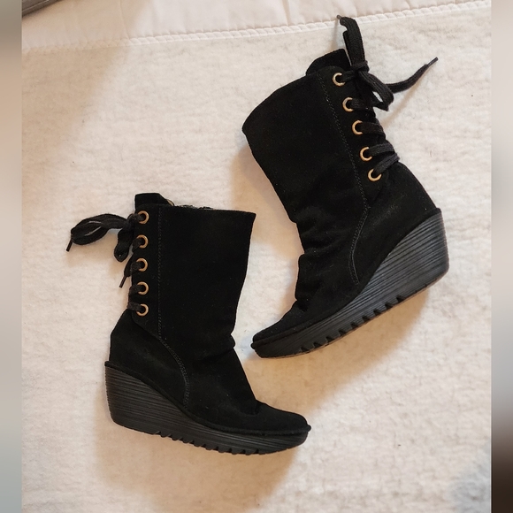 Fly London Shoes - FLY London Black Suade Wedge Boot Laced Back